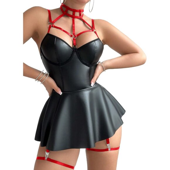 Women Black Red Strappy Leather Underwire Choker Garter Belt Lingerie Set Dress - Picture 3 of 6